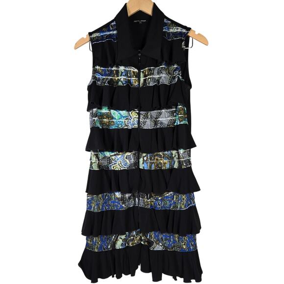 Samuel Dong Tier Ruffle Front Sleeveless Multi Color Pattern Black Tunic Dress M - Picture 1 of 8